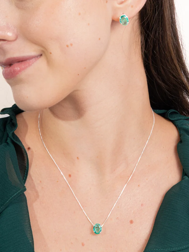Conjunto de Prata 925 Zircônia Verde Turmalina Oval