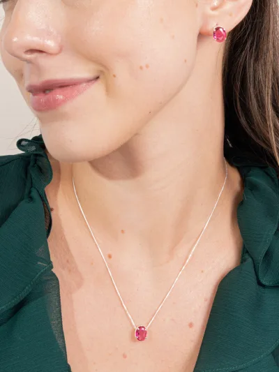 Conjunto de Prata 925 Zircônia Rosa Escuro Oval — foto 1