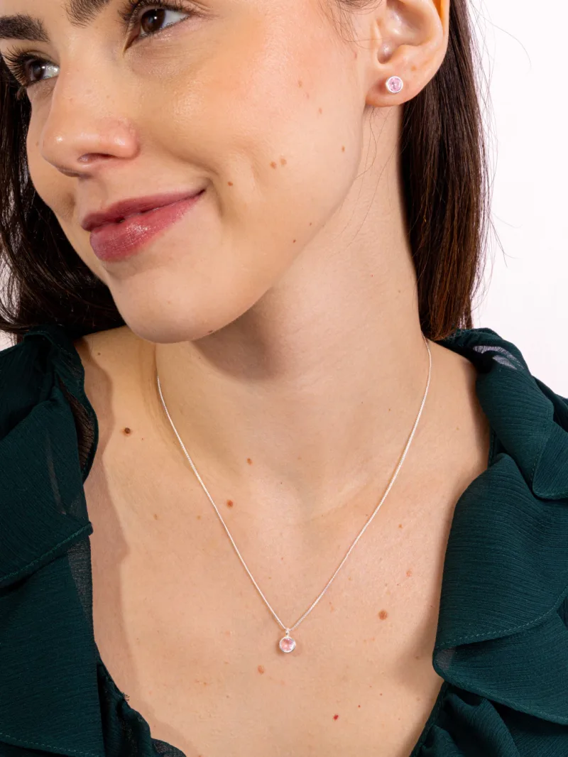 Conjunto de Prata 925 Zircônia Redonda Rosa Cravação Inglesa