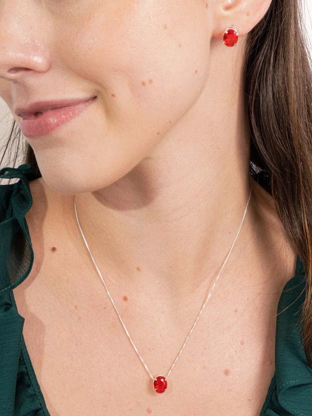 Conjunto de Prata 925 Zircônia Vermelha Oval