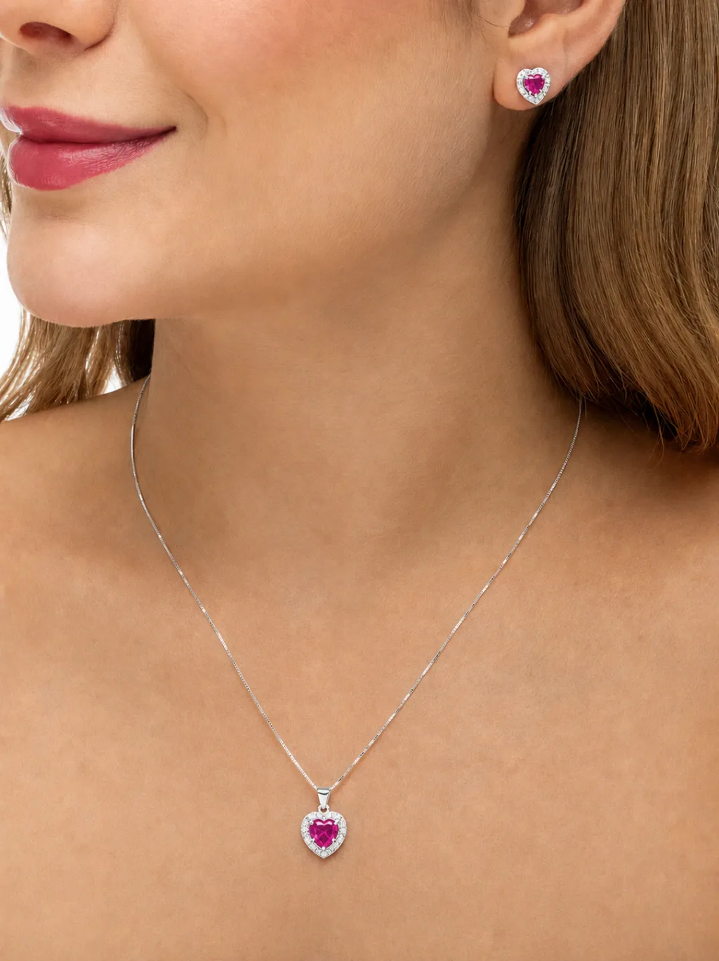 Conjunto de Prata 925 Coração de Zircônia Rosa Escuro Cravejada em Volta