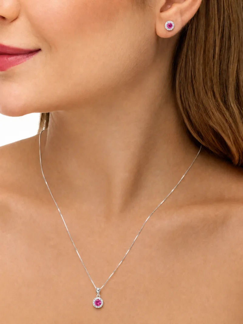Conjunto de Prata 925 Zircônia Redonda Rosa Escuro Cravejado em Volta