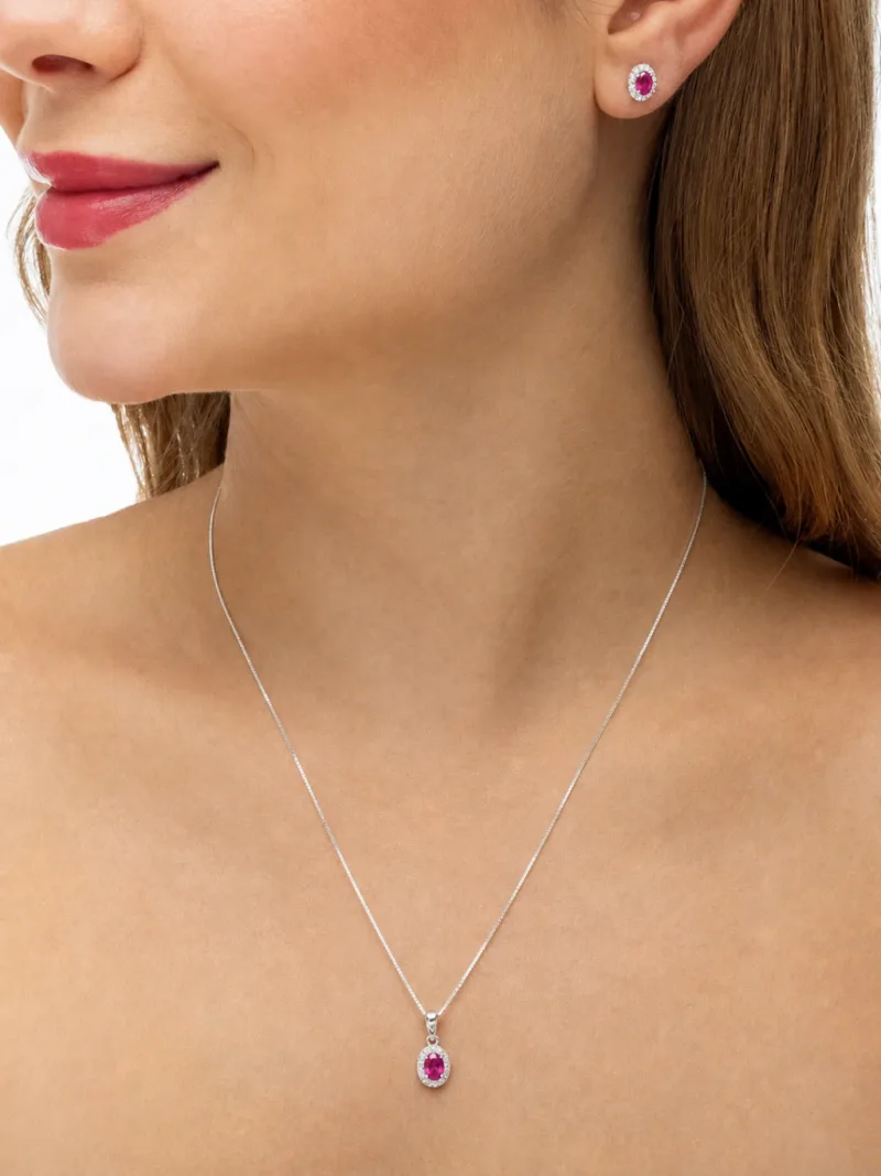 Conjunto de Prata 925 Zircônia Oval Rosa Escuro Cravejada em Volta