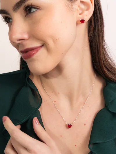Conjunto De Prata 925 Coração Zircônia Vermelho — foto 1