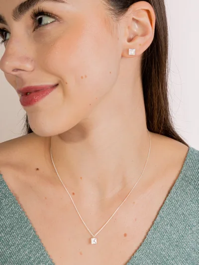 Conjunto de Prata 925 Zircônia Quadrada Branca Cravação Inglesa 7mm — foto 1