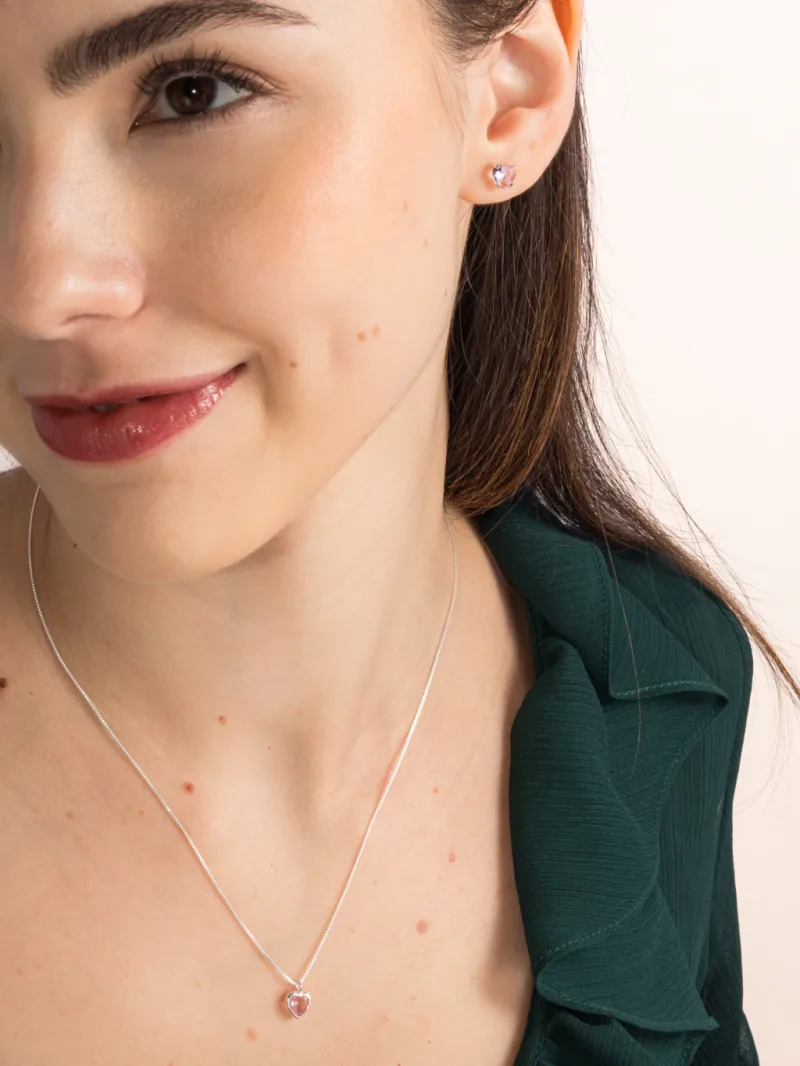 Conjunto De Prata 925 Coração Delicado Zircônia Rosa