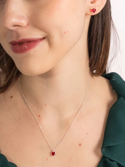 Conjunto de Prata 925 Coração Delicado Zircônia Vermelho — foto 1
