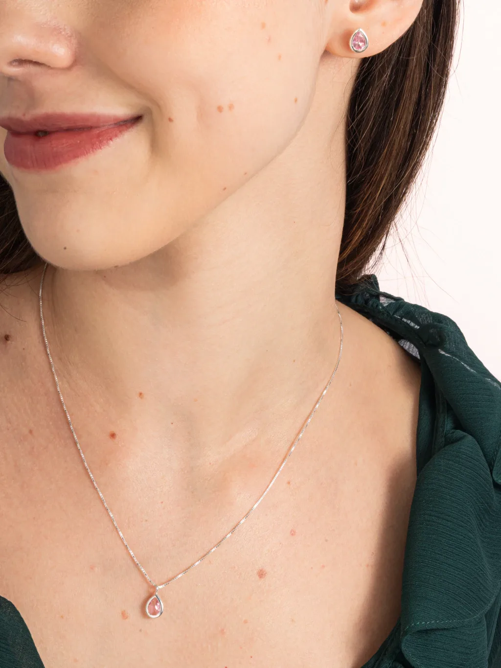 Conjunto de Prata 925 Zircônia Gota Rosa Cravação Inglesa
