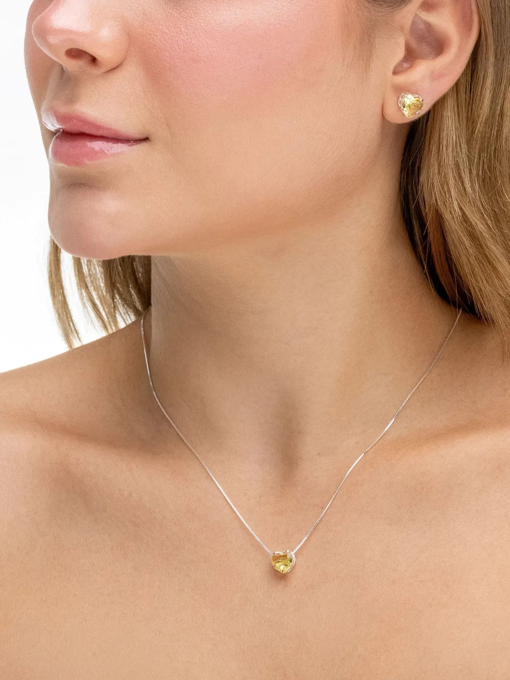 Conjunto de Prata 925 Coração Zircônia Amarela