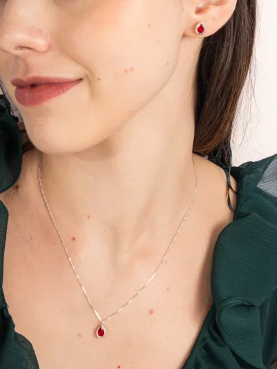 Conjunto de Prata 925 Zircônia Gota Vermelho Cravação Inglesa — foto 1