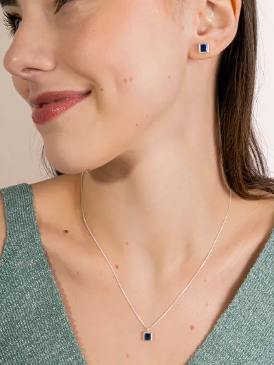 Conjunto de Prata 925 Zircônia Quadrada Azul Escuro Cravação Inglesa 7mm — foto 1